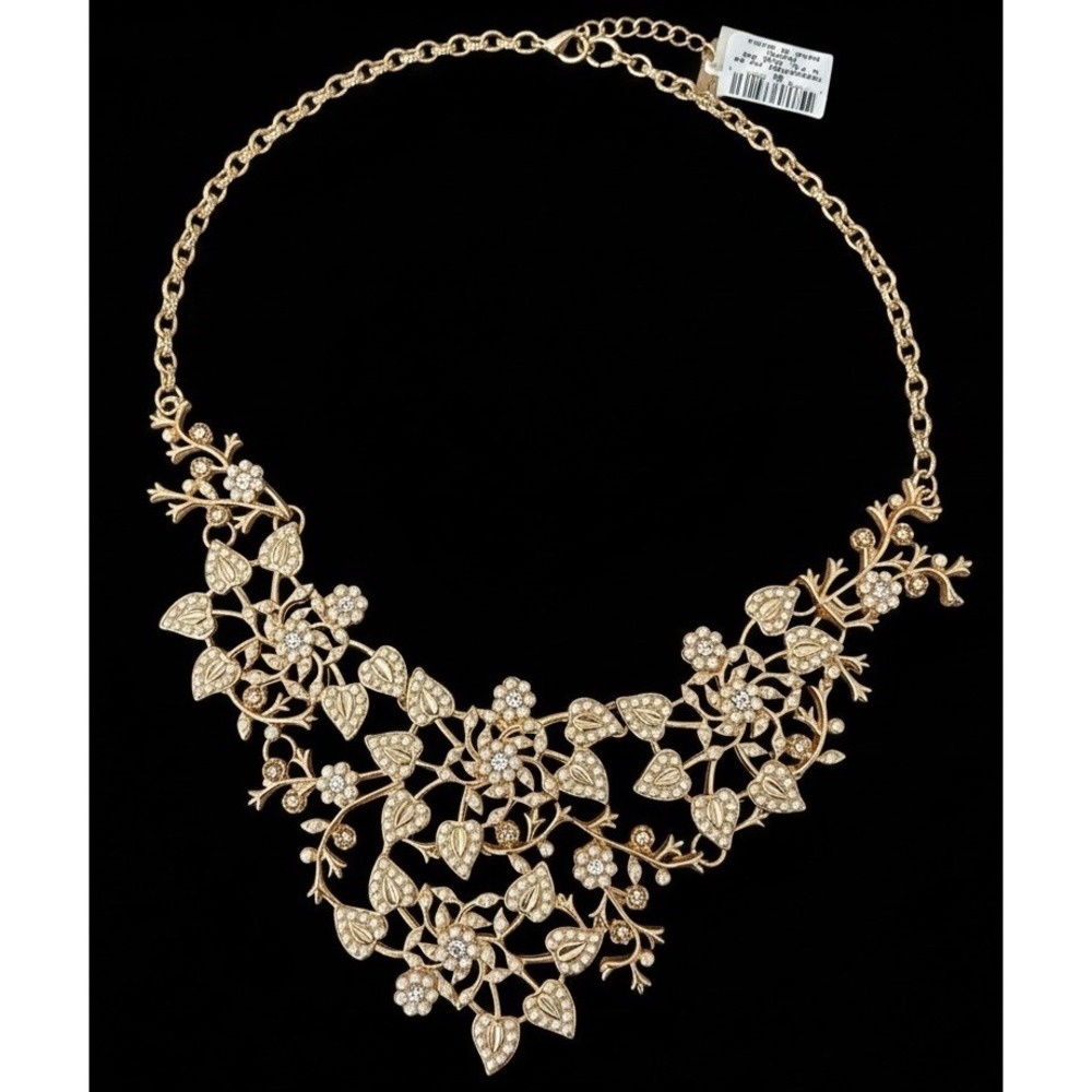 INC Gold Tone Faux Pearl Crystal Floral Vine Bib Statement Necklace 18-20"